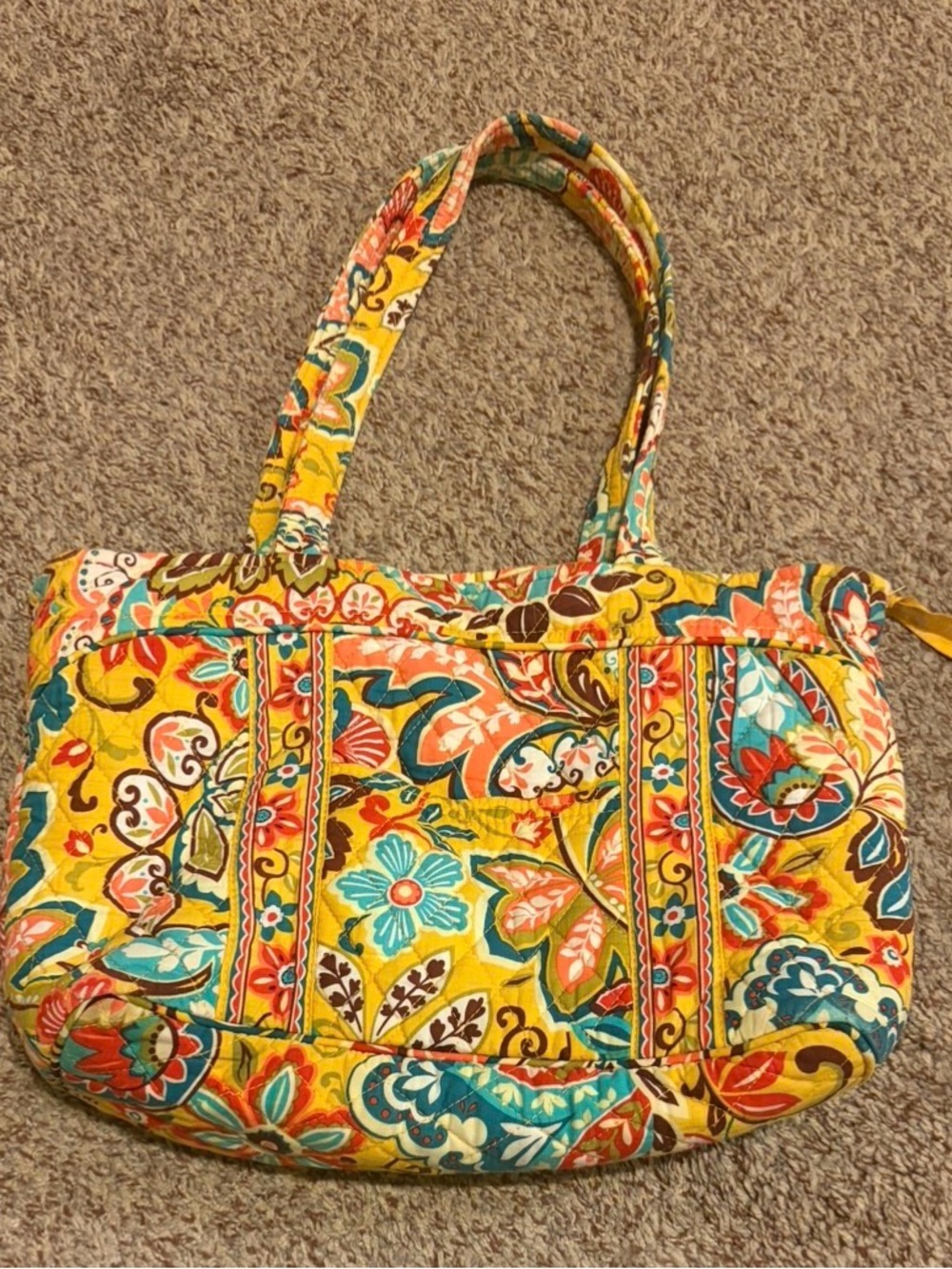 Vera Bradley Yellow Floral Quilted Tote with Teal, Red, Pink and Brown Accents - Picture 2 of 5